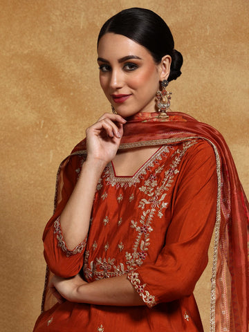 Varanga Women Zari Embroidered Yoke with all over Floral Motif Buta Kurta with Trouser & Dupatta